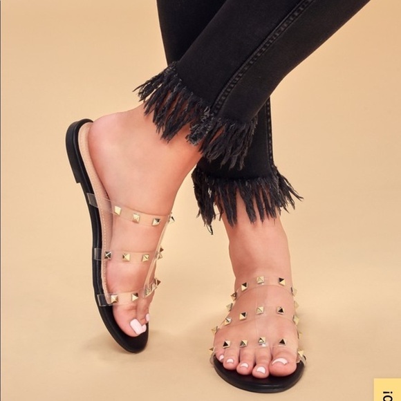 Liliana Gold Studded Clear Flat Sandals. D4/A305 - Picture 1 of 6